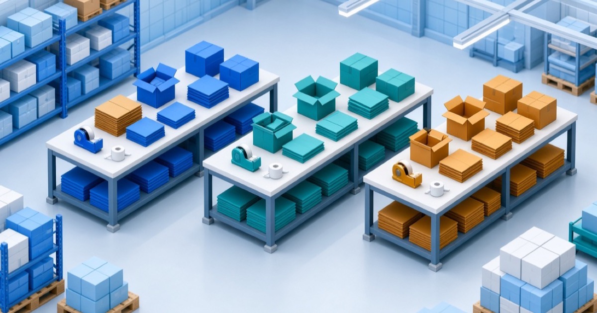 Three packing benches with separate colored box libraries in a 3PL warehouse