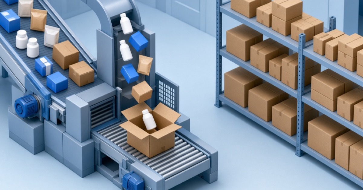 Conveyor automatically placing products into the correctly sized shipping carton