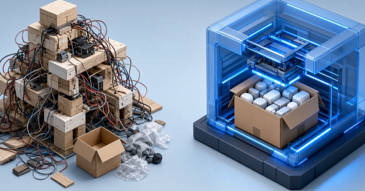 Homemade packing prototype beside a clean 3D cartonization engine assembling a carton