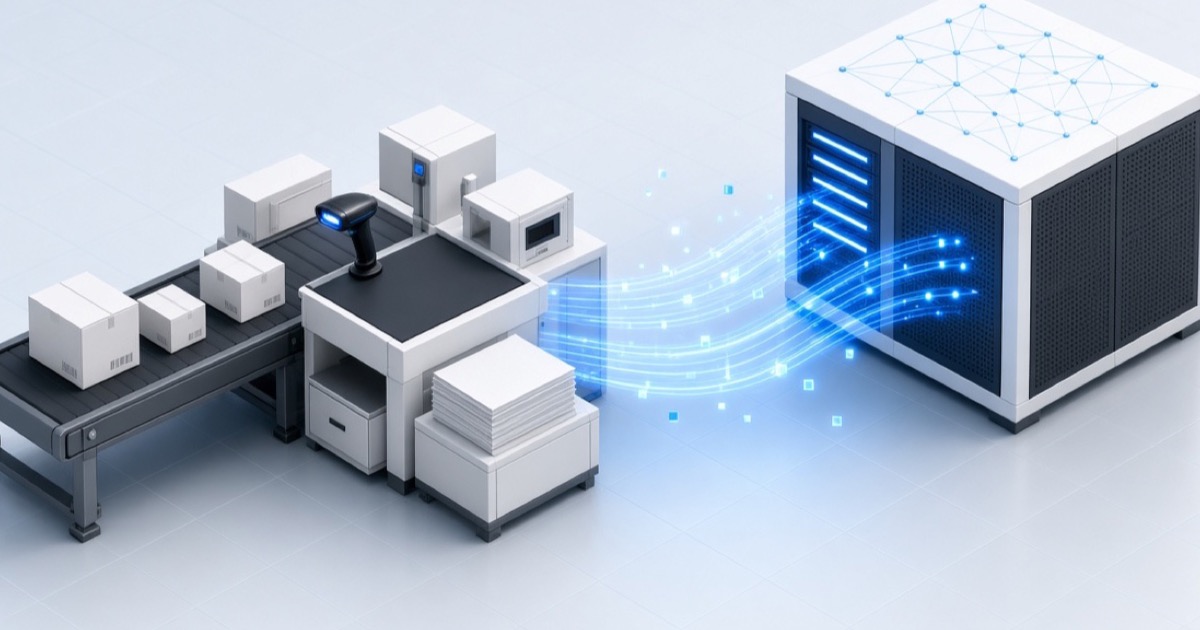 Warehouse pack station connected to a packing engine by abstract data streams
