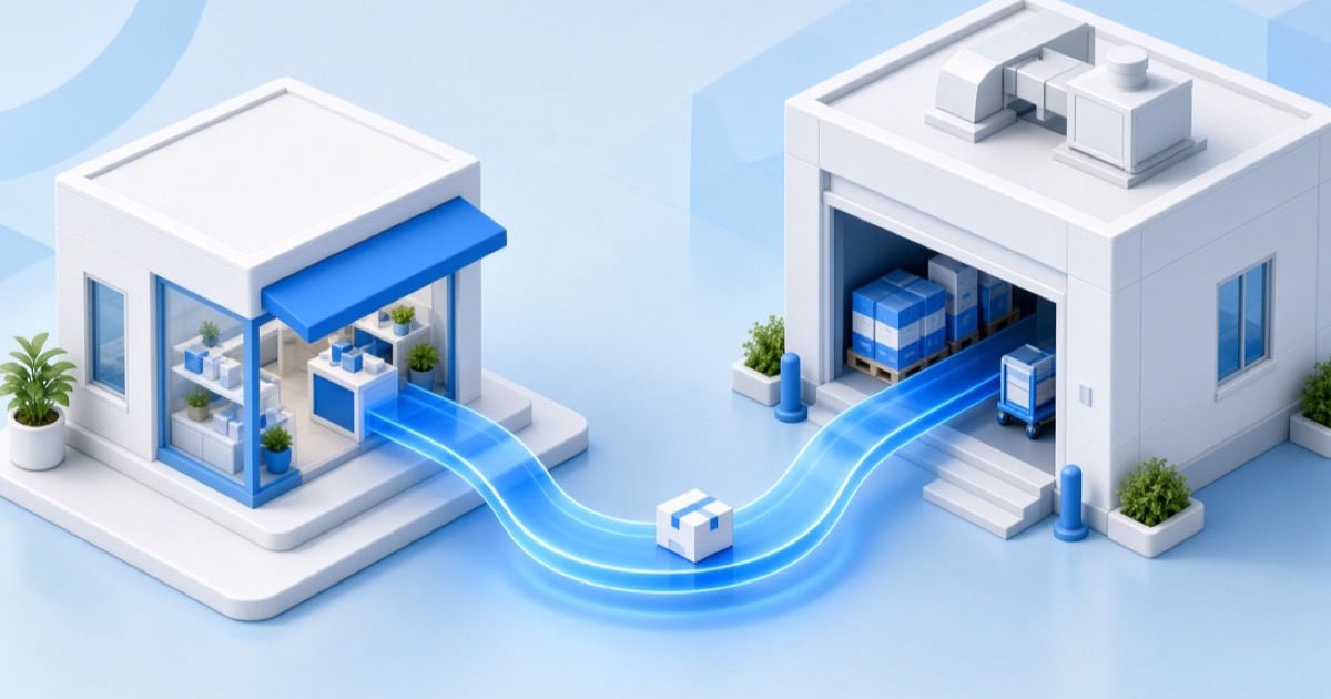 Storefront and warehouse linked by a packed carton moving along a data ribbon