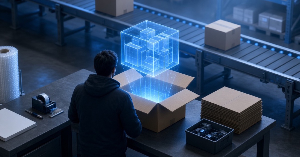 Pack station with a 3D hologram of items placed inside a shipping carton