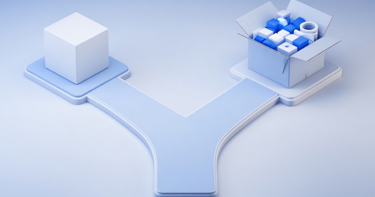 Forked path between a simple volume cube and a fully packed 3D carton