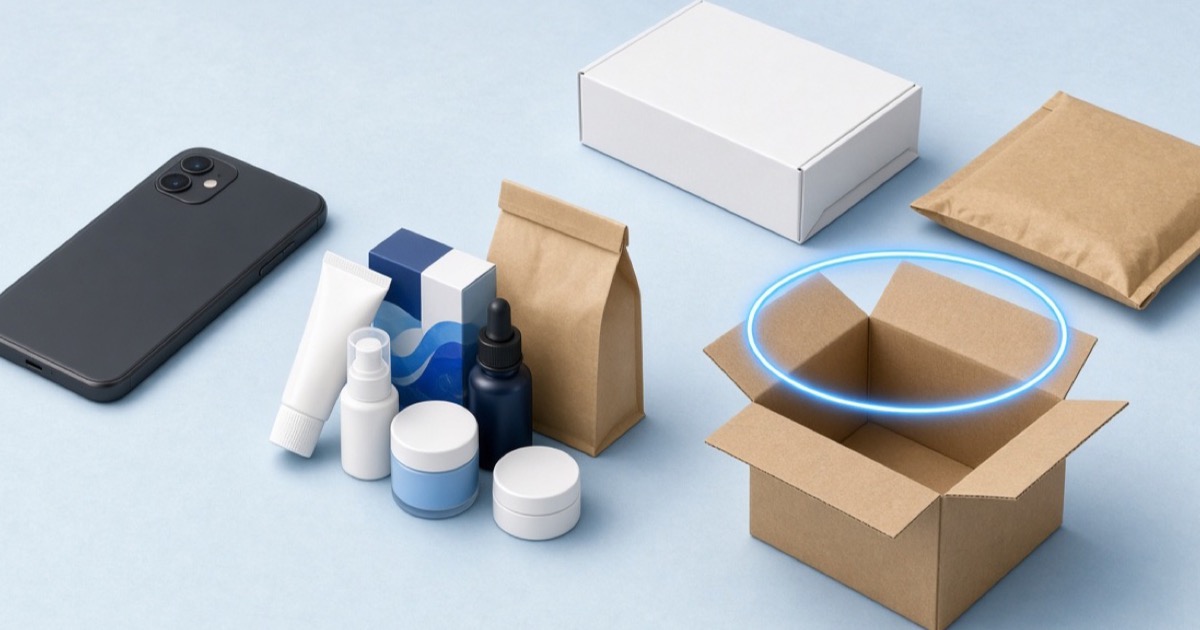 E-commerce products choosing among mailers and cartons of different sizes
