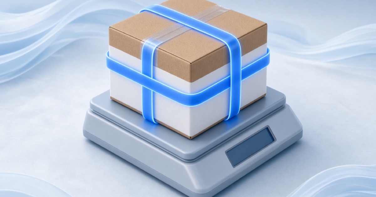 Shipping carton on a parcel scale wrapped with a measuring tape for dimensional weight