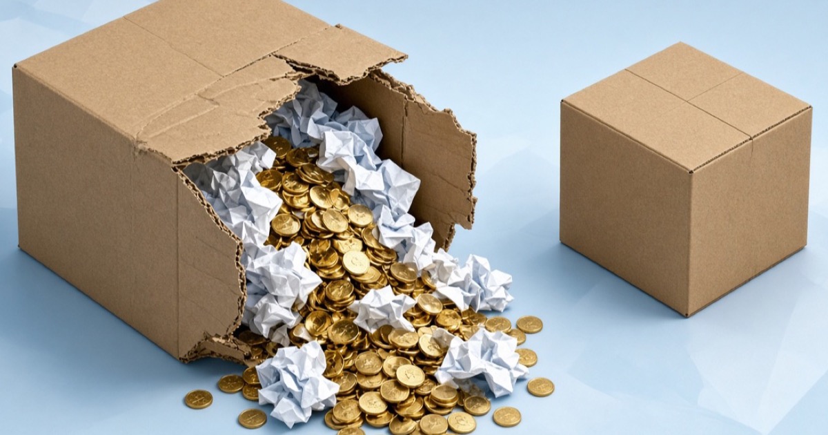 Oversized damaged carton spilling packing paper and coins next to a compact box