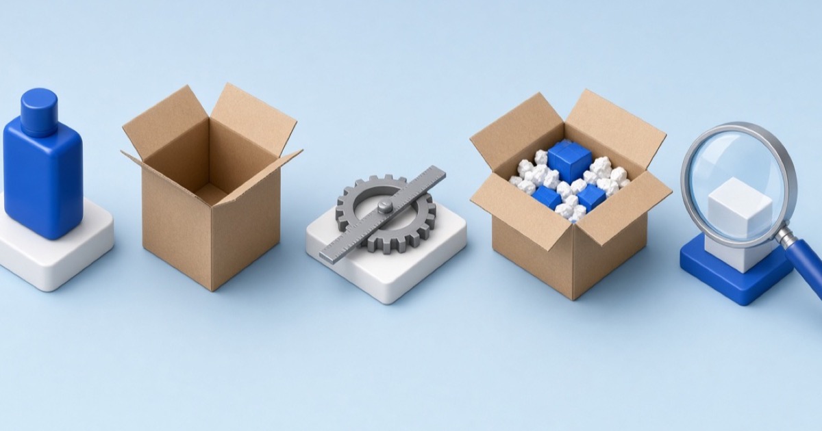 Step-by-step packing workflow from product and carton through a packed inspected box