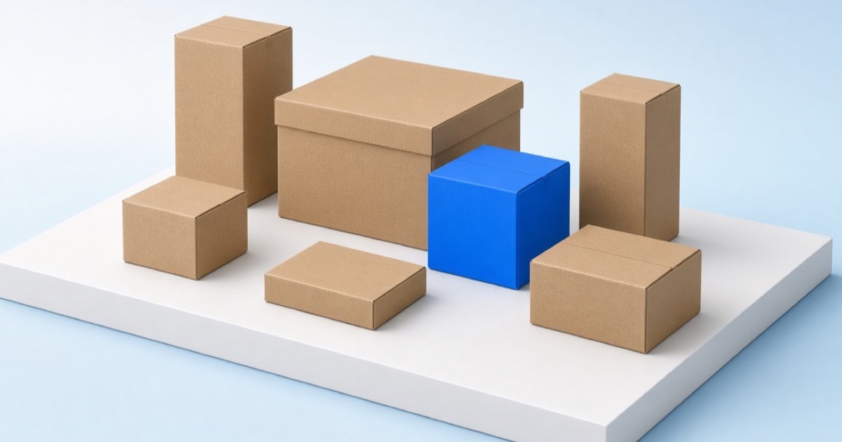 Family of seven differently proportioned shipping cartons on a studio plinth