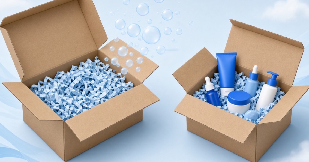 Oversized carton full of void fill beside a tightly packed smaller shipping box