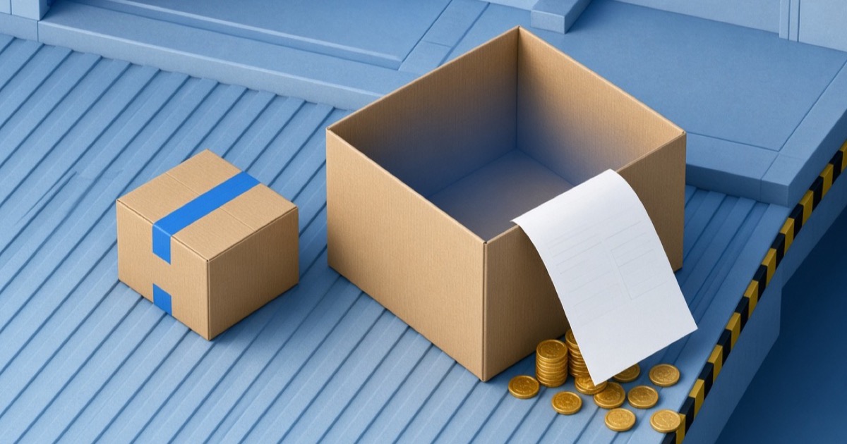 Small packed carton versus a huge empty carton with shipping cost implied by coins