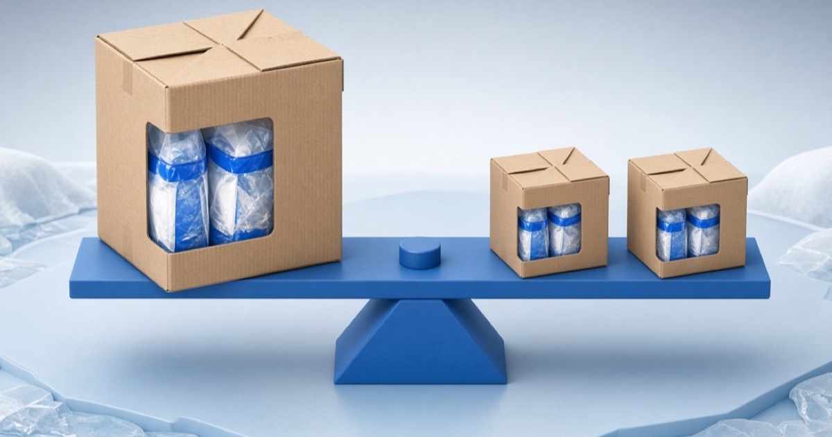 One large carton balanced against two smaller cartons holding the same products