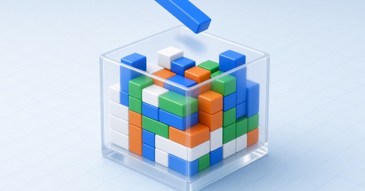 Colorful rectangular items stacking inside a cubic bin like 3D bin packing