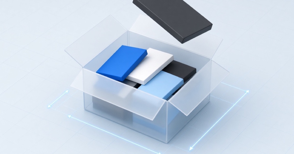 3D illustration of products packed inside an open shipping carton with placement axes