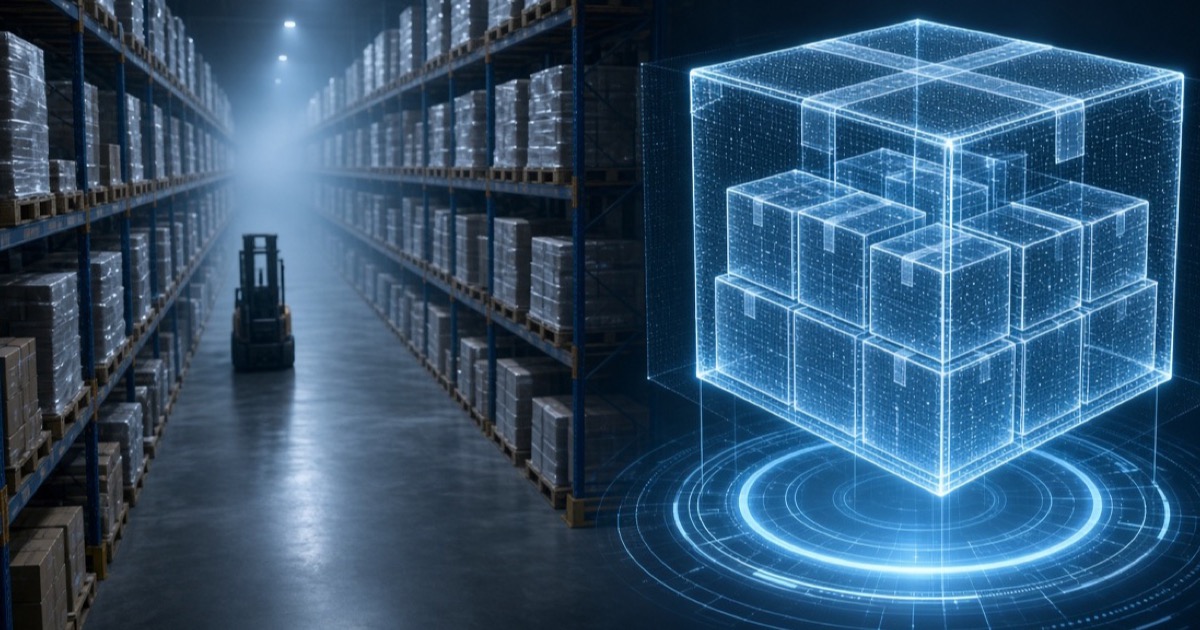 Warehouse aisles with a 3D packed-carton hologram representing WMS cartonization