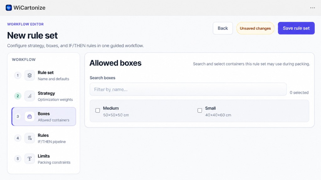 WiCartonize workflow editor for rule sets, boxes, rules, and packing limits